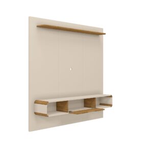 Manhattan Comfort Camberly 62.36 Floating Entertainment Center with 3 Shelves and Overhead D?cor Shelf in Off White and Cinnamon