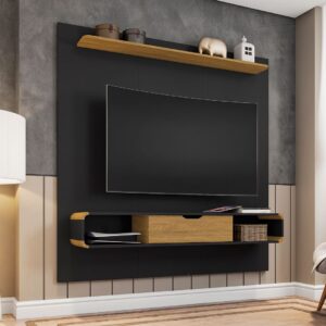 Manhattan Comfort Camberly 62.36 Floating Entertainment Center with 3 Shelves and Overhead D?cor Shelf in Black and Cinnamon