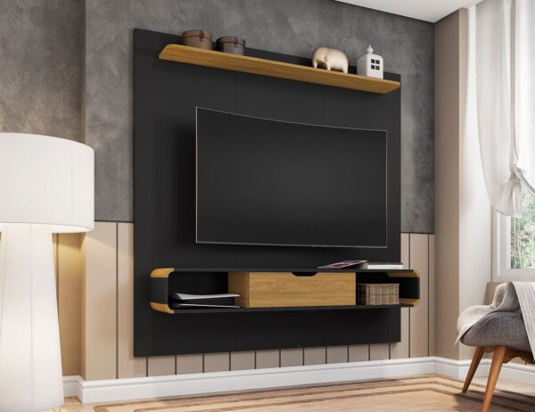 Manhattan Comfort Camberly 62.36 Floating Entertainment Center with 3 Shelves and Overhead D?cor Shelf in Black and Cinnamon