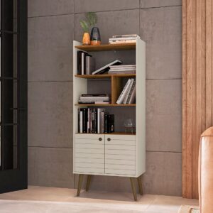 Manhattan Comfort Bogart 62.6" Mid-Century Modern Bookcase in Off-White and Nature