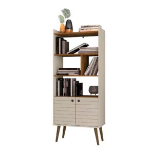 Manhattan Comfort Bogart 62.6" Mid-Century Modern Bookcase in Off-White and Nature