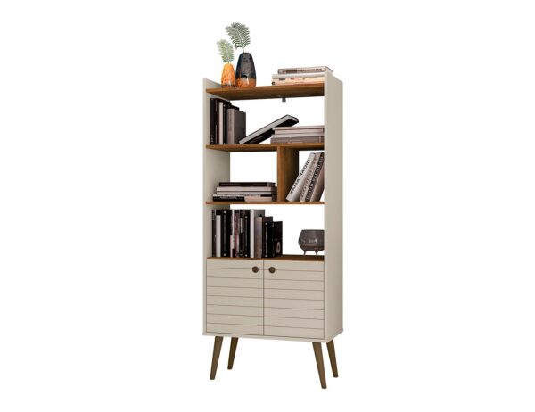 Manhattan Comfort Bogart 62.6" Mid-Century Modern Bookcase in Off-White and Nature