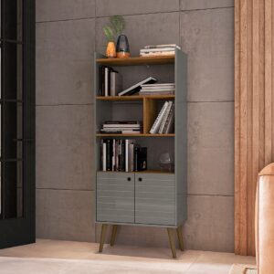 Manhattan Comfort Bogart 62.6" Mid-Century Modern Bookcase in Grey and Nature