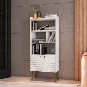 Manhattan Comfort Bogart 62.6" Mid-Century Modern Bookcase in White and Nature