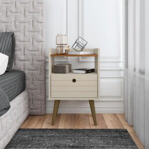 Manhattan Comfort Bogart Mid-Century Modern Nightstand in Off-White and Nature