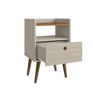 Manhattan Comfort Bogart Mid-Century Modern Nightstand in Off-White and Nature