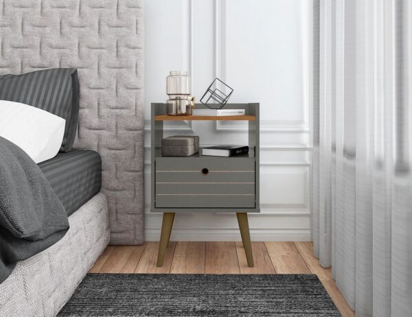 Manhattan Comfort Bogart Mid-Century Modern Nightstand in Grey and Nature