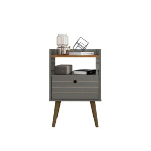 Manhattan Comfort Bogart Mid-Century Modern Nightstand in Grey and Nature