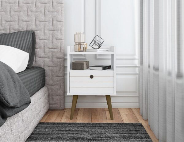 Manhattan Comfort Bogart Mid-Century Modern Nightstand in White and Nature