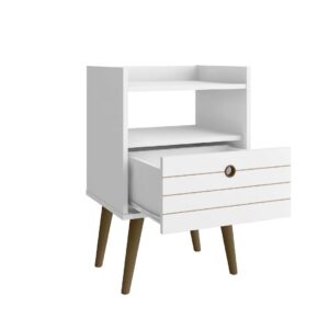 Manhattan Comfort Bogart Mid-Century Modern Nightstand in White and Nature