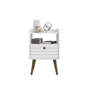 Manhattan Comfort Bogart Mid-Century Modern Nightstand in White and Nature