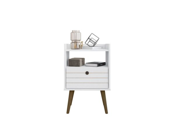 Manhattan Comfort Bogart Mid-Century Modern Nightstand in White and Nature