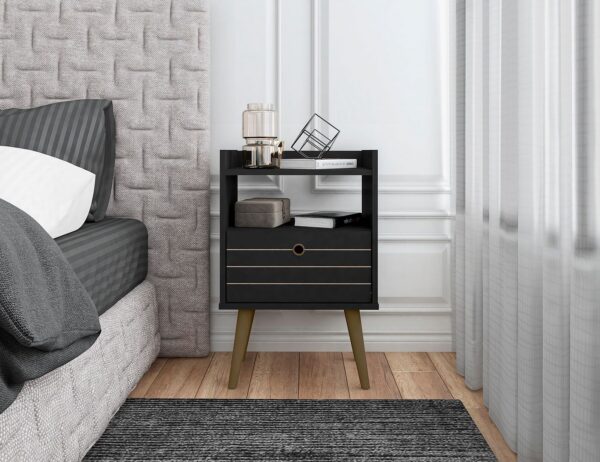 Manhattan Comfort Bogart Mid-Century Modern Nightstand in Black and Nature