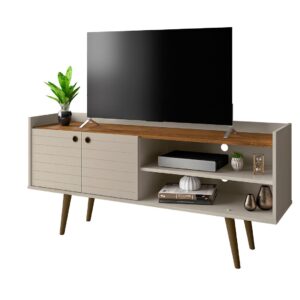 Manhattan Comfort Bogart 53.54" Mid-Century Modern TV Stand in Off-White and Nature