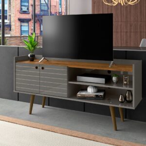 Manhattan Comfort Bogart 53.54" Mid-Century Modern TV Stand in Grey and Nature