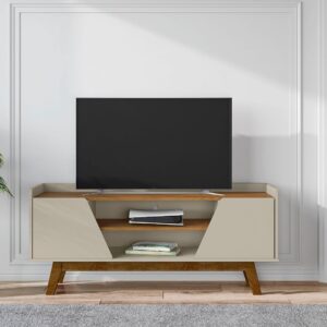 Manhattan Comfort Mid-Century Modern Marcus 53.14 TV Stand with Solid Wood Legs in Greige and Nature