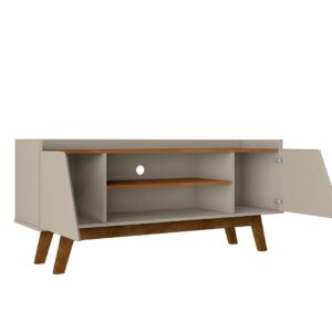 Manhattan Comfort Mid-Century Modern Marcus 53.14 TV Stand with Solid Wood Legs in Greige and Nature