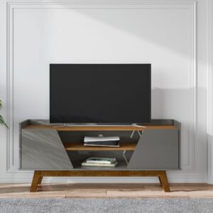 Manhattan Comfort Mid-Century Modern Marcus 53.14 TV Stand with Solid Wood Legs in Grey and Nature