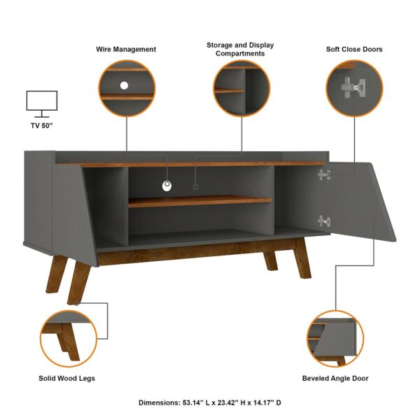 Manhattan Comfort Mid-Century Modern Marcus 53.14 TV Stand with Solid Wood Legs in Grey and Nature