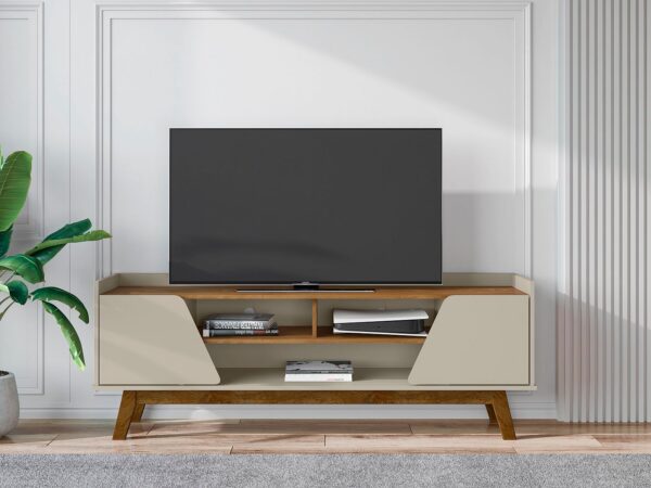 Manhattan Comfort Mid-Century Modern Marcus 62.99 TV Stand with Solid Wood Legs in Greige and Nature