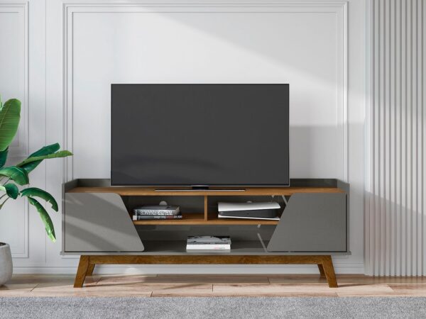 Manhattan Comfort Mid-Century Modern Marcus 62.99 TV Stand with Solid Wood Legs in Grey and Nature