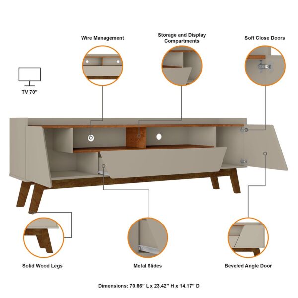 Manhattan Comfort Mid-Century Modern Marcus 70.86 TV Stand with Solid Wood Legs in Greige and Nature