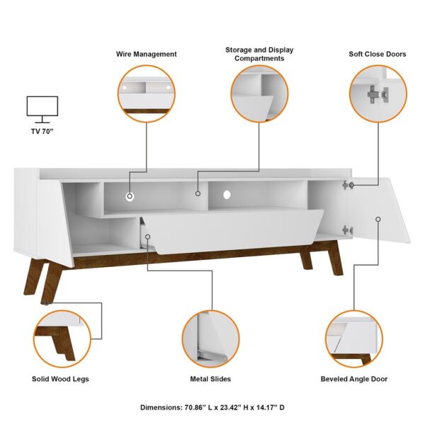 Manhattan Comfort Mid-Century Modern Marcus 70.86 TV Stand with Solid Wood Legs in White