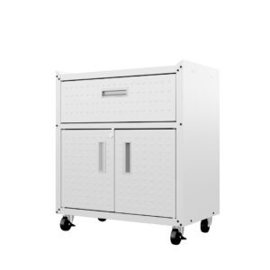 Manhattan Comfort Fortress Textured Metal 31.5" Garage Mobile Cabinet with 1 Full Extension Drawer and 2 Adjustable Shelves in White