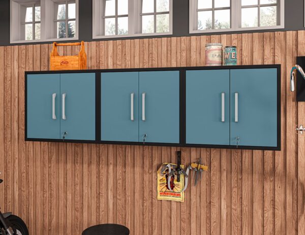 Manhattan Comfort Eiffel Floating Garage Cabinet in Matte Black and Aqua Blue (Set of 3)