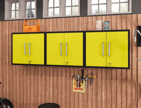 Manhattan Comfort Eiffel Floating Garage Cabinet in Matte Black and Yellow (Set of 3)