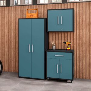 Manhattan Comfort Eiffel 3-Piece Storage Garage Set in Matte Black and Aqua Blue