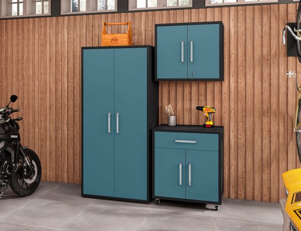 Manhattan Comfort Eiffel 3-Piece Storage Garage Set in Matte Black and Aqua Blue