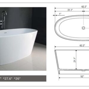 Legion Furniture WJ8602-W 62.2 Inch White Matte Solid Surface Tub, No Faucet