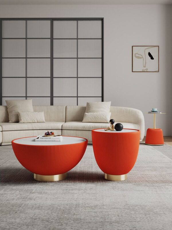 Manhattan Comfort Modern Anderson Coffee Table, End Table 1.0, and End Table 2.0 Upholstered in Orange Leatherette with Ceramic Faux Tabletop and Gold Metal Tabletop- Set of 3