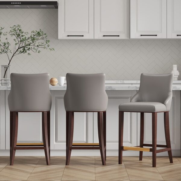 Manhattan Comfort Modern Shubert Barstool Upholstered in Dark Taupe Leatherette with Beech Wood Legs - Set of 3