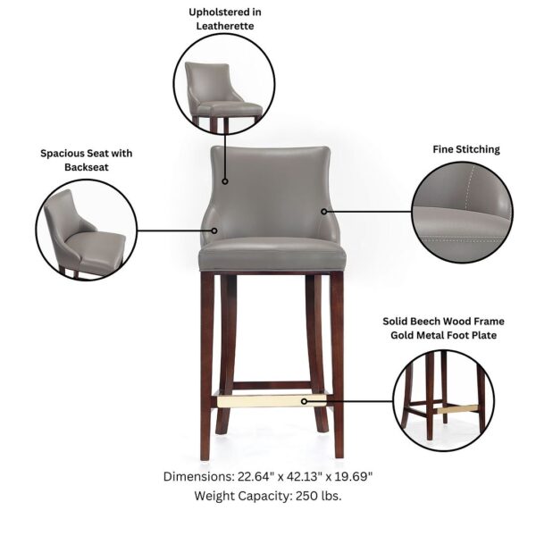 Manhattan Comfort Modern Shubert Barstool Upholstered in Dark Taupe Leatherette with Beech Wood Legs - Set of 3