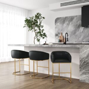 Manhattan Comfort Louvre Mid-Century Modern Leatherette Upholstered Counter Stool  in Black and Titanium Gold- Set of 3