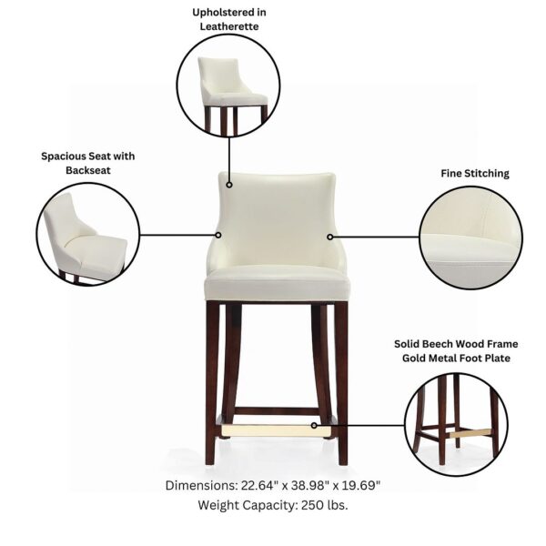 Manhattan Comfort Modern Shubert Counter Stool Upholstered in Ivory Leatherette with Beech Wood Legs - Set of 3