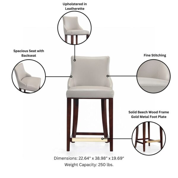 Manhattan Comfort Modern Shubert Counter Stool Upholstered in Light Grey Leatherette with Beech Wood Legs - Set of 3