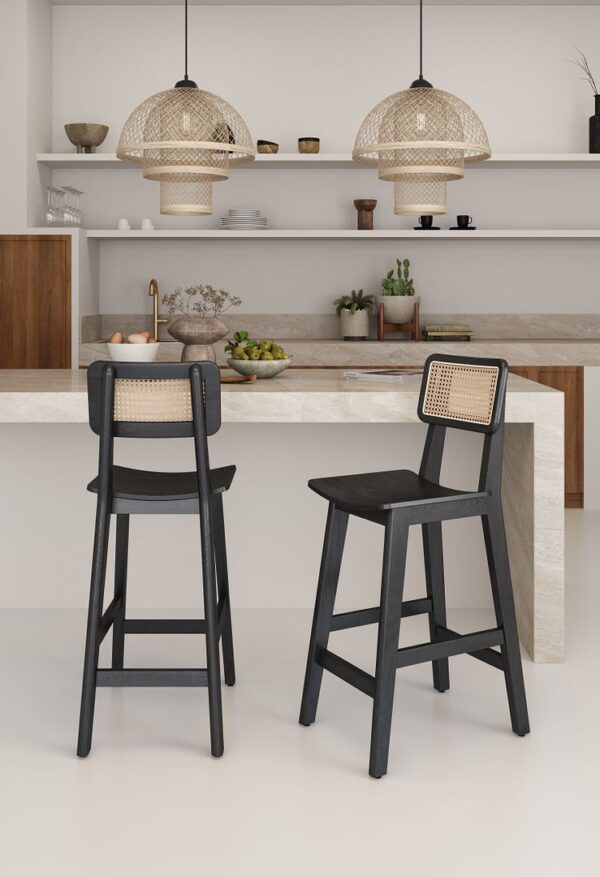 Manhattan Comfort Versailles Counter Stool in Black and Natural Cane - Set of 3