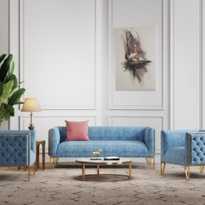 Manhattan Comfort Vector 3-Piece Ocean Blue and Gold Sofa and Armchair Set