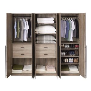 Manhattan Comfort Lee Modern Freestanding 3-Piece Module Wardrobe Closet with 2 Hanging Rods, 4 Drawers, 3 Shoe Storage and 6 Shelves in Rustic Grey