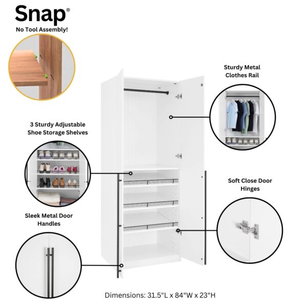 Manhattan Comfort Lee Modern Freestanding 3-Piece Module Wardrobe Closet with 2 Hanging Rods, 4 Drawers, 3 Shoe Storage and 6 Shelves in White