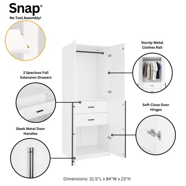 Manhattan Comfort Lee Modern Freestanding Wardrobe Closet 2.0 with 1 Hanging Rod, 1 Shelf, and 2 Drawers in White- Set of 3