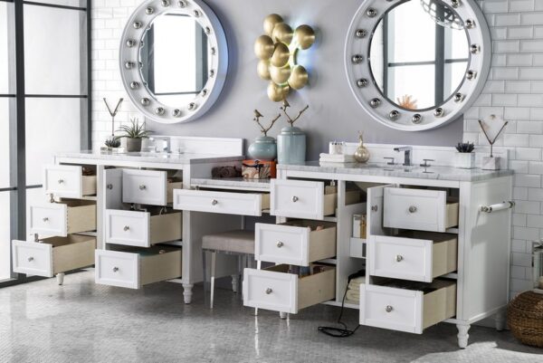 James Martin 301-V122-BW-DU-3CAR Copper Cove Encore 126 Inch Double Vanity Set in Bright White with Makeup Table with 3 cm Carrara Marble Top