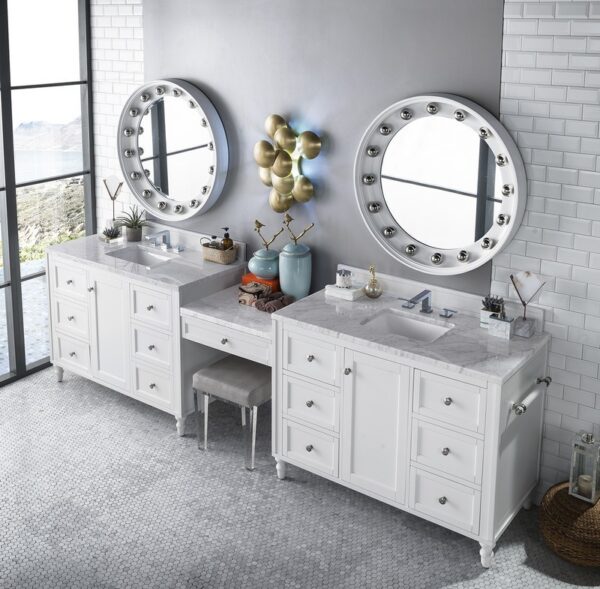 James Martin 301-V122-BW-DU-3CAR Copper Cove Encore 126 Inch Double Vanity Set in Bright White with Makeup Table with 3 cm Carrara Marble Top