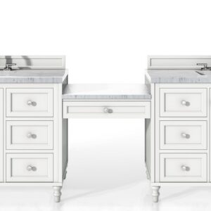 James Martin 301-V122-BW-DU-3CAR Copper Cove Encore 126 Inch Double Vanity Set in Bright White with Makeup Table with 3 cm Carrara Marble Top