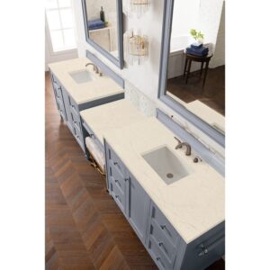 James Martin 301-V122-SL-DU-3EMR Copper Cove Encore 122 Inch Double Vanity Set in Silver Gray with Makeup Table and 3 CM Eternal Marfil Quartz Top