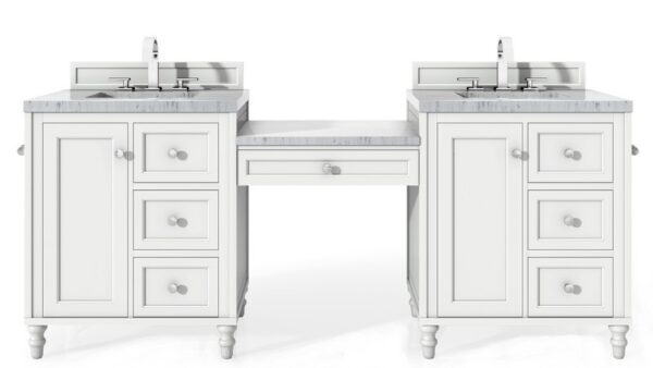 James Martin 301-V86-BW-DU-3CAR Copper Cove Encore 90 Inch Double Vanity Set in Bright White with Makeup Table with 3 cm Carrara Marble Top