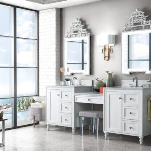 James Martin 301-V86-BW-DU-3CAR Copper Cove Encore 90 Inch Double Vanity Set in Bright White with Makeup Table with 3 cm Carrara Marble Top